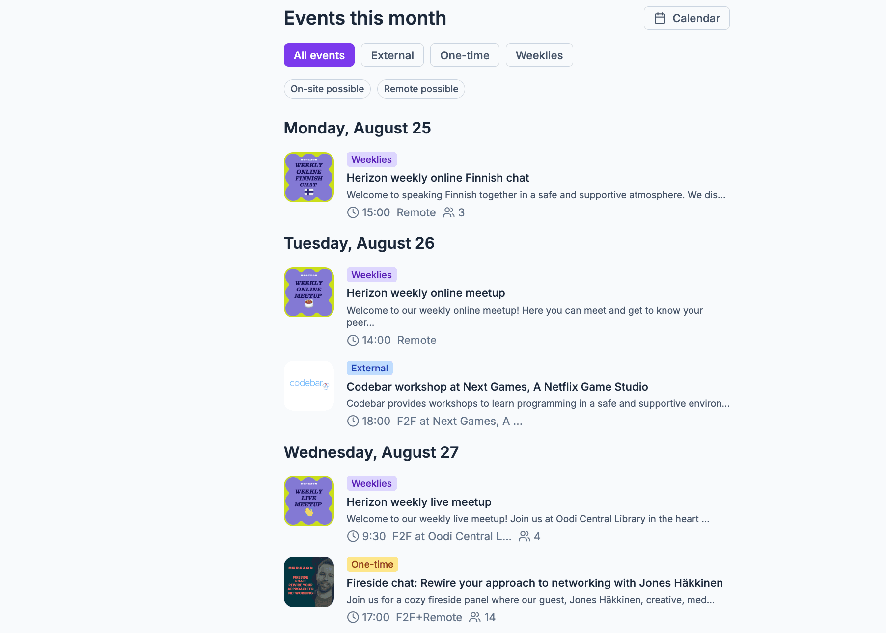 Events calendar showing networking opportunities